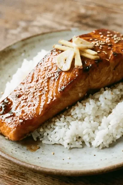 Honey Soy Glazed Salmon fillets cooked and plated with garnish