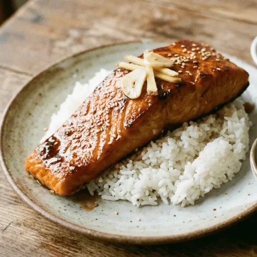 Honey Soy Glazed Salmon fillets cooked and plated with garnish