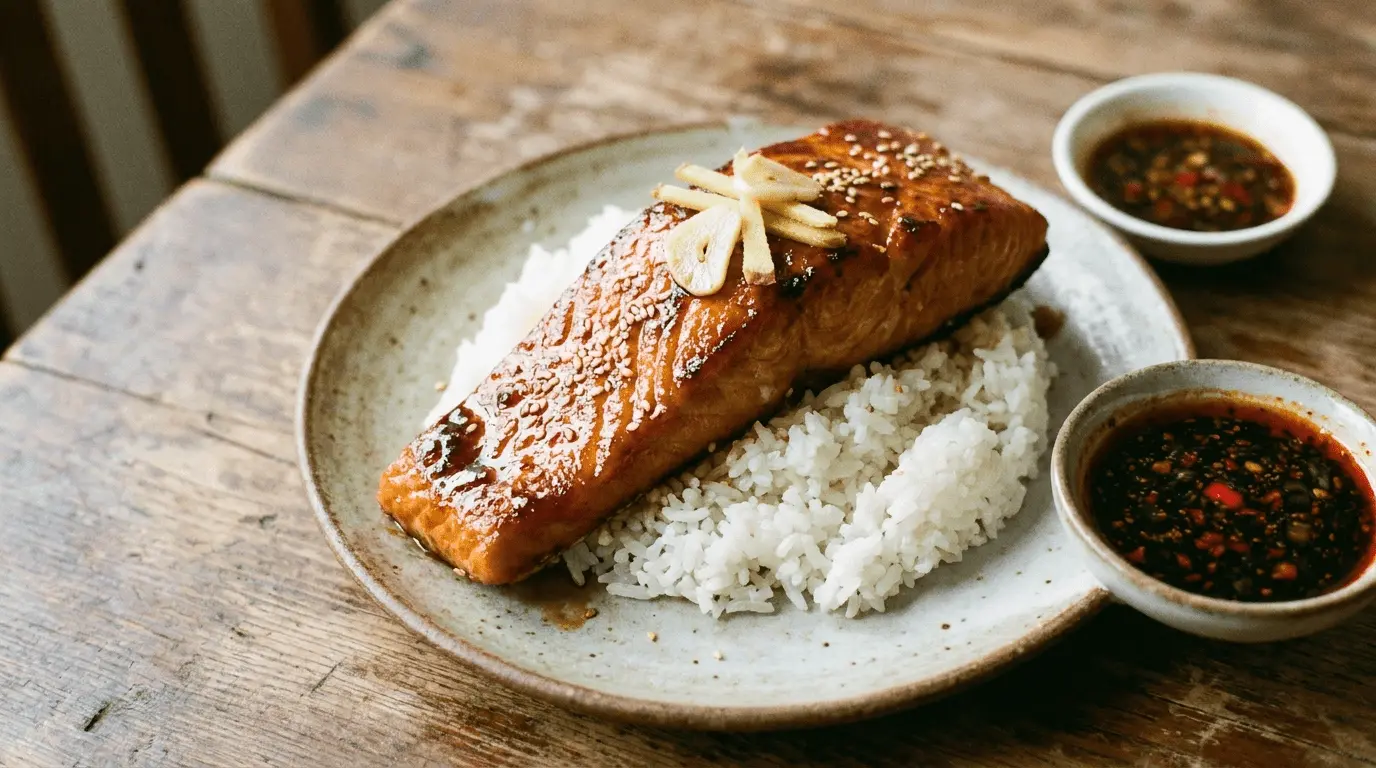 Honey Soy Glazed Salmon fillets cooked and plated with garnish