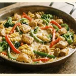 One-Pot Creamy Chicken and Veggies served in a skillet