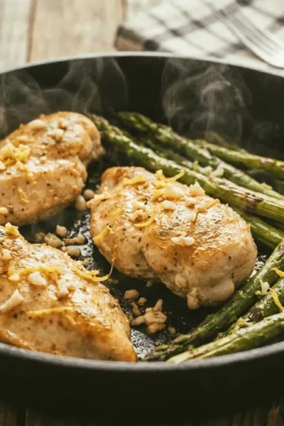 Chicken and Asparagus Skillet Dinner with herbs and lemon