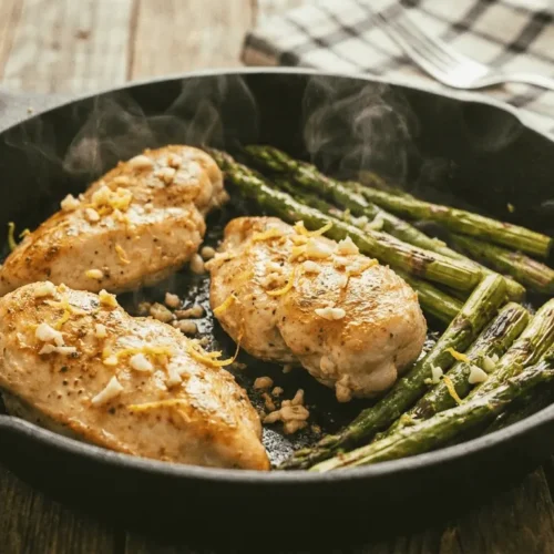 Chicken and Asparagus Skillet Dinner with herbs and lemon