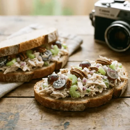 Chicken salad sandwiches with fresh lettuce on whole grain bread