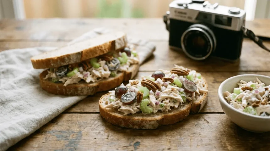 Chicken salad sandwiches with fresh lettuce on whole grain bread