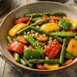 Fresh spring vegetable stir-fry with vibrant green beans, broccoli, and carrots in a white bowl