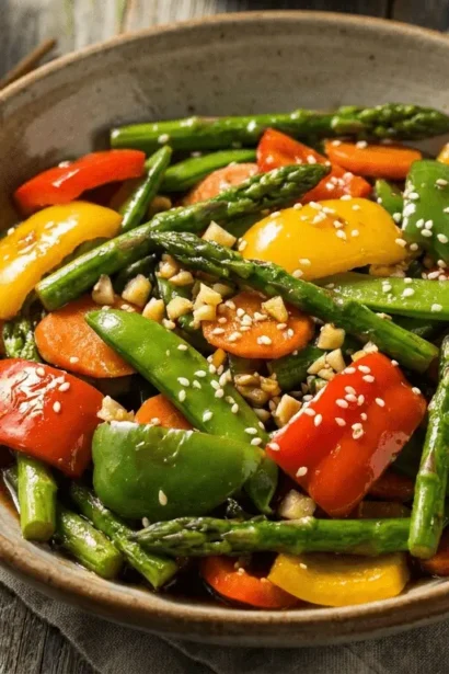 Fresh spring vegetable stir-fry with vibrant green beans, broccoli, and carrots in a white bowl