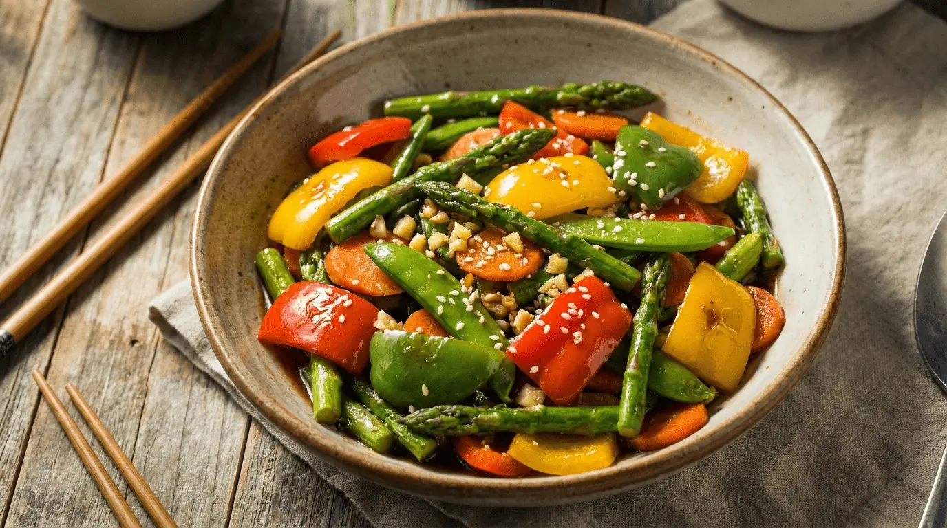 Fresh spring vegetable stir-fry with vibrant green beans, broccoli, and carrots in a white bowl
