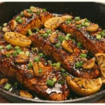 Honey Garlic Salmon plated on a white dish with lemon garnish