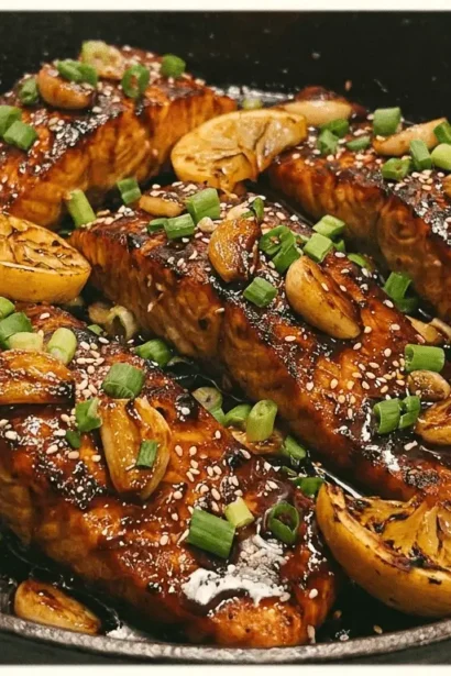 Honey Garlic Salmon plated on a white dish with lemon garnish
