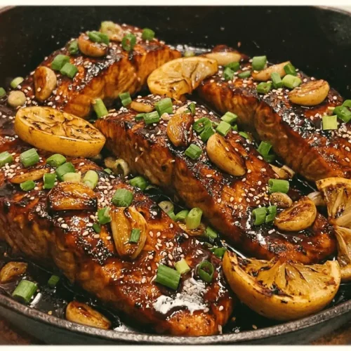 Honey Garlic Salmon plated on a white dish with lemon garnish