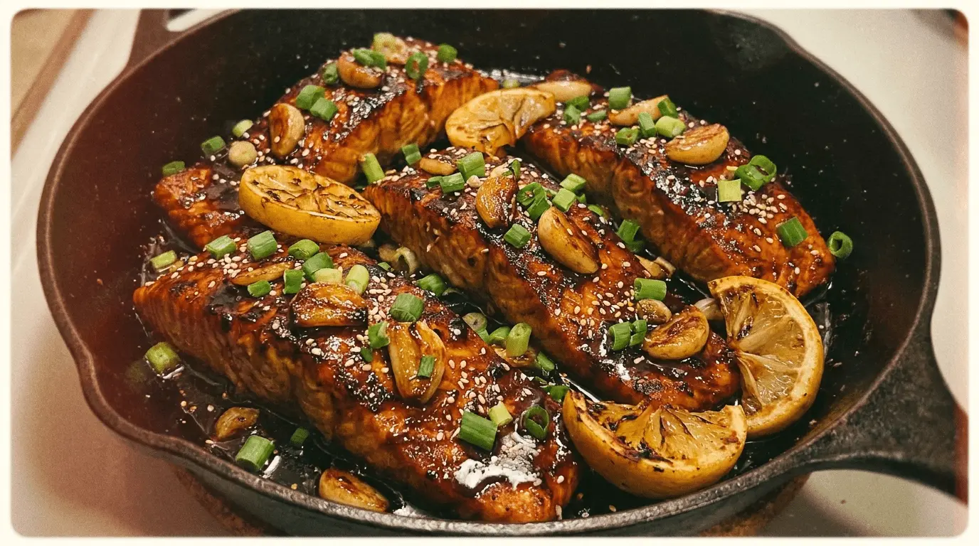 Honey Garlic Salmon plated on a white dish with lemon garnish