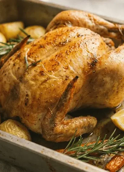 Lemon Herb Baked Chicken served on a white plate with rosemary garnish
