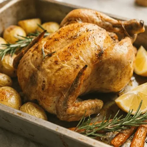 Lemon Herb Baked Chicken served on a white plate with rosemary garnish