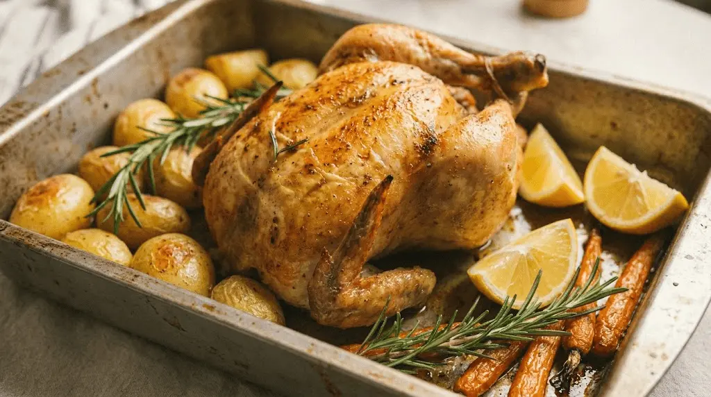 Lemon Herb Baked Chicken served on a white plate with rosemary garnish