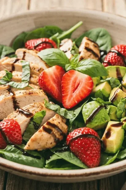 Spinach strawberry salad with chicken served in a white bowl