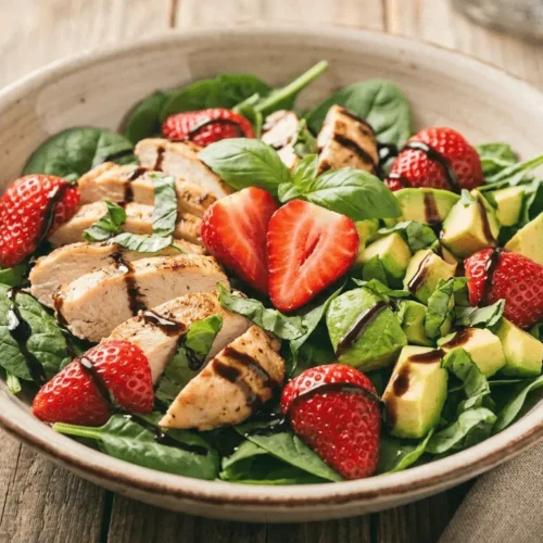 Spinach strawberry salad with chicken served in a white bowl