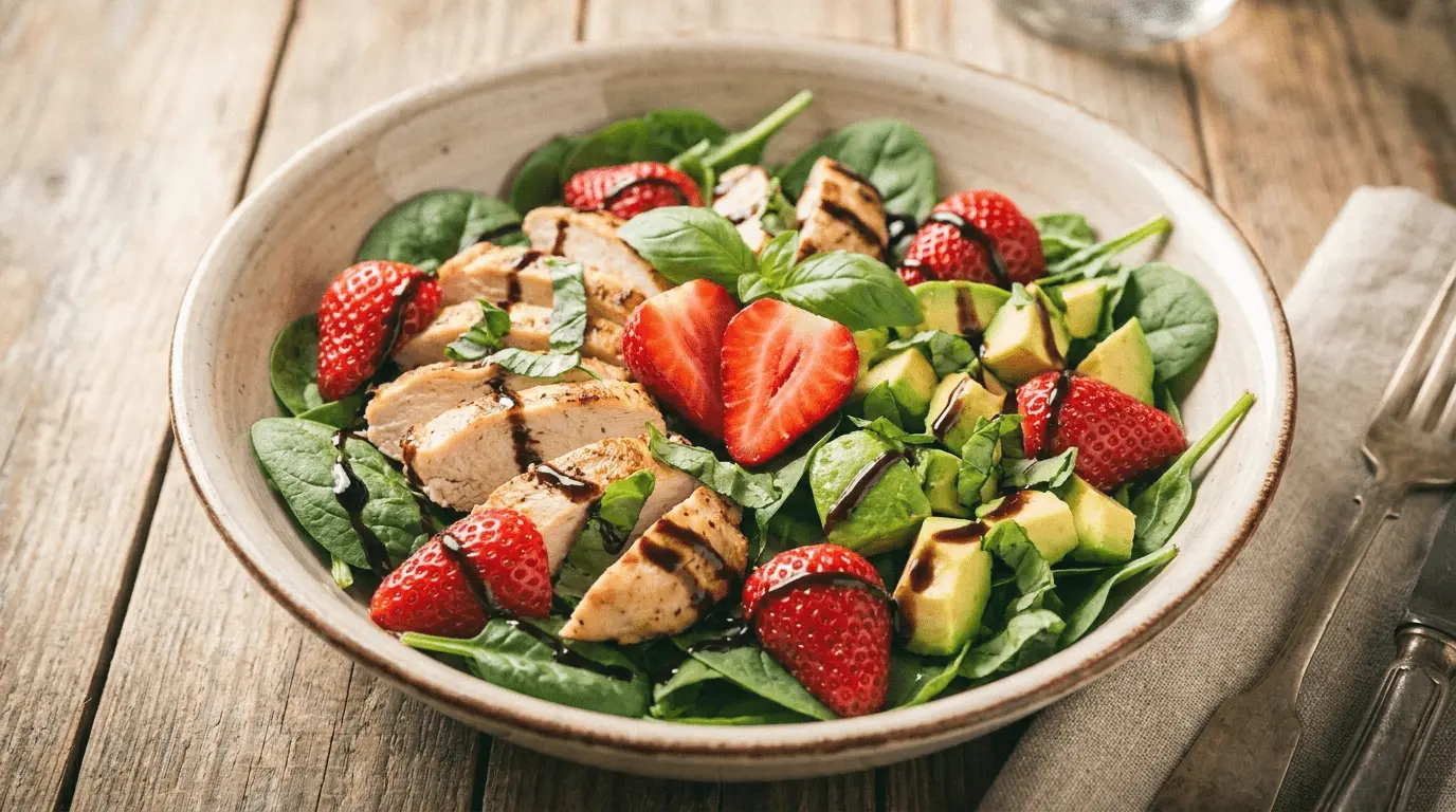 Spinach strawberry salad with chicken served in a white bowl